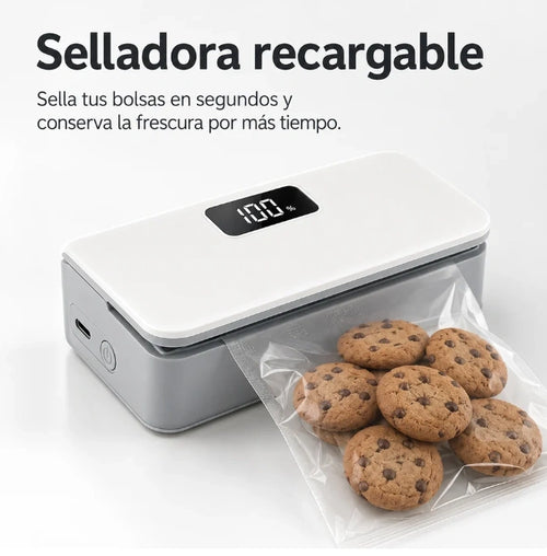 Selladora térmica recargable Averiq SealPro sellando una bolsa con galletas